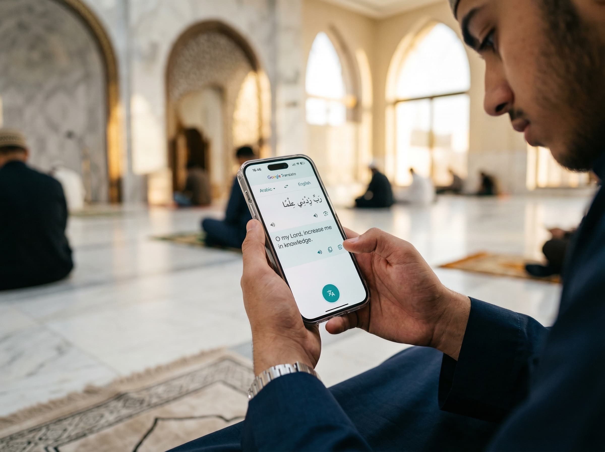 Person reading on a phone in a mosque